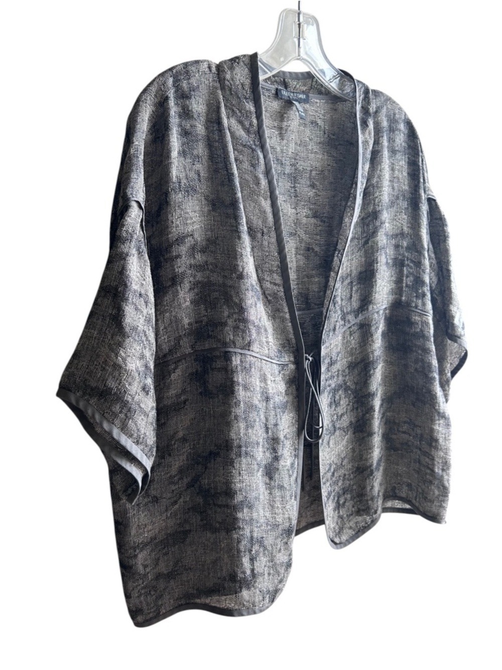 Eileen Fisher Linen Gauze Jacquard Silk Trim Tie Front Boxy Jacket - Picture 3 of 7
